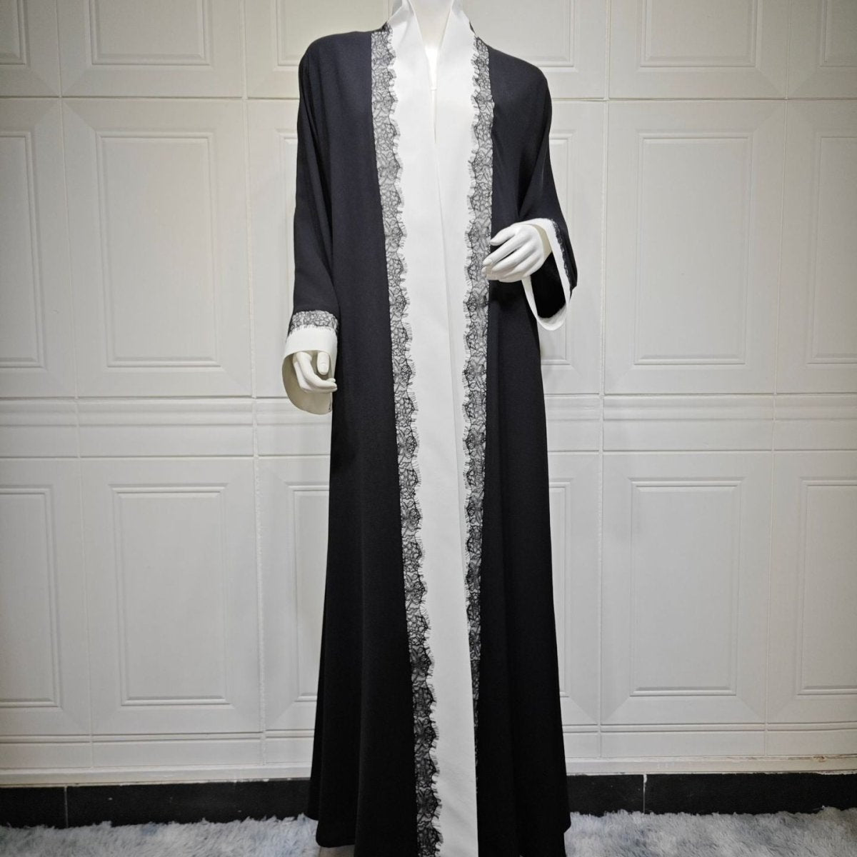 Black & White Lace Trim Open Abaya(MOA311) - Mariam's Collection