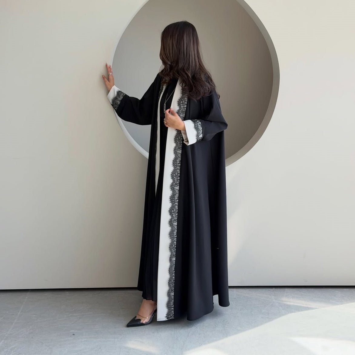Black & White Lace Trim Open Abaya(MOA311) - Mariam's Collection