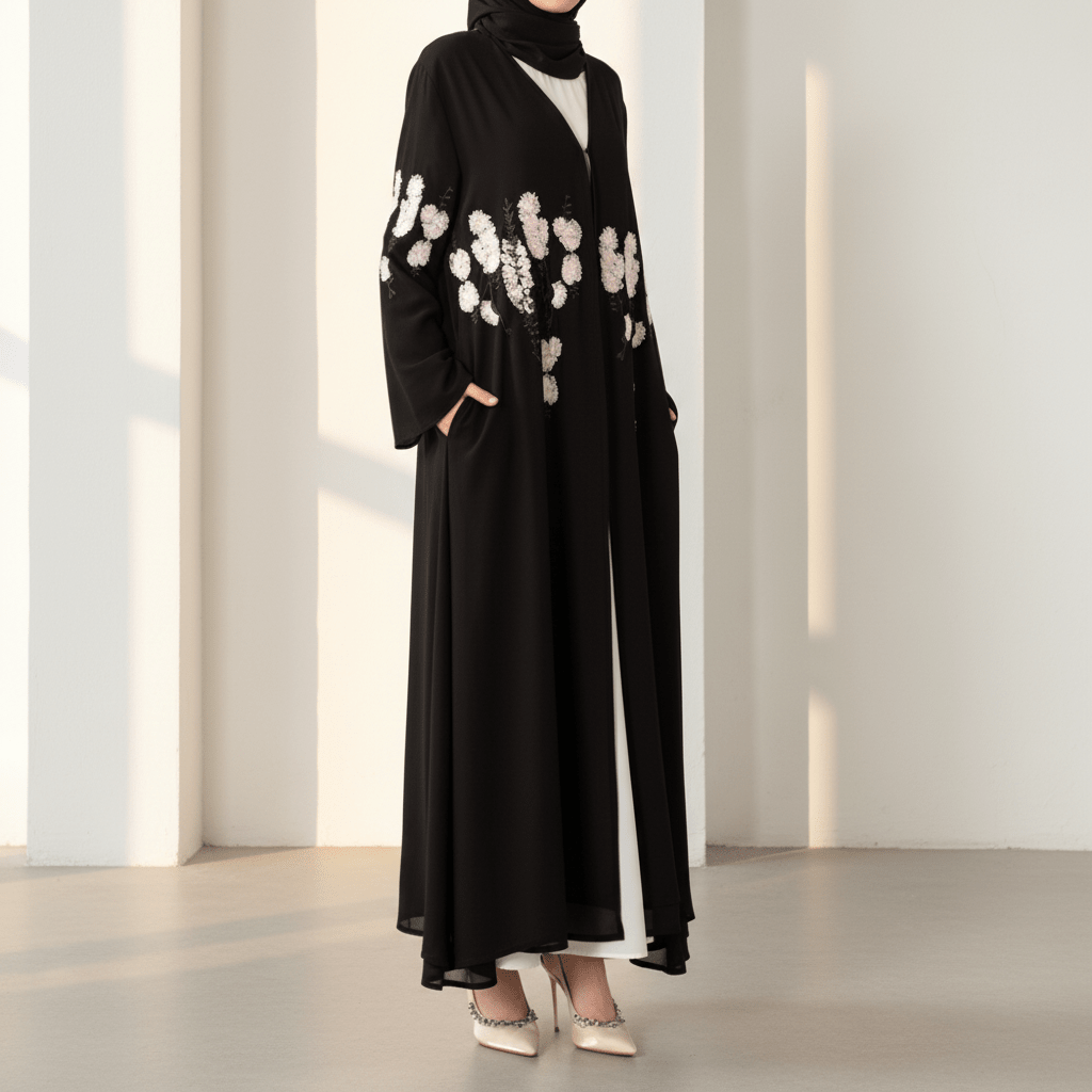 Bloom Embroidered Layered Chiffon Open Abaya(MOA308) - Mariam's Collection