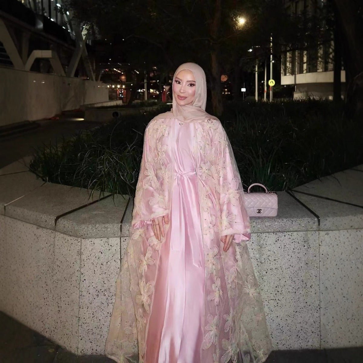 Blossom Embroidered Modest Luxury Abaya Cardigan Set | Pink 3D Floral Sheer Cover - Up with Matching Inner Dress. (MOA173) - Mariam's Collection