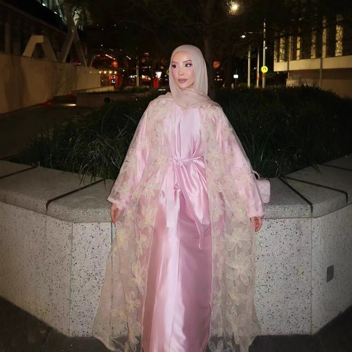 Blossom Embroidered Modest Luxury Abaya Cardigan Set | Pink 3D Floral Sheer Cover - Up with Matching Inner Dress. (MOA173) - Mariam's Collection
