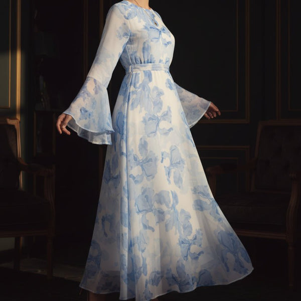 Blossom Printed Chiffon Abaya | Flared Sleeve Abaya (MA149) - Mariam's Collection