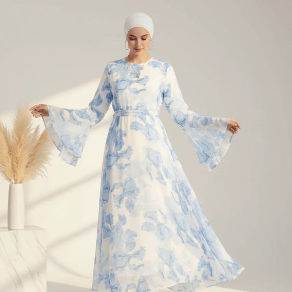 Blossom Printed Chiffon Abaya | Flared Sleeve Abaya (MA149) - Mariam's Collection