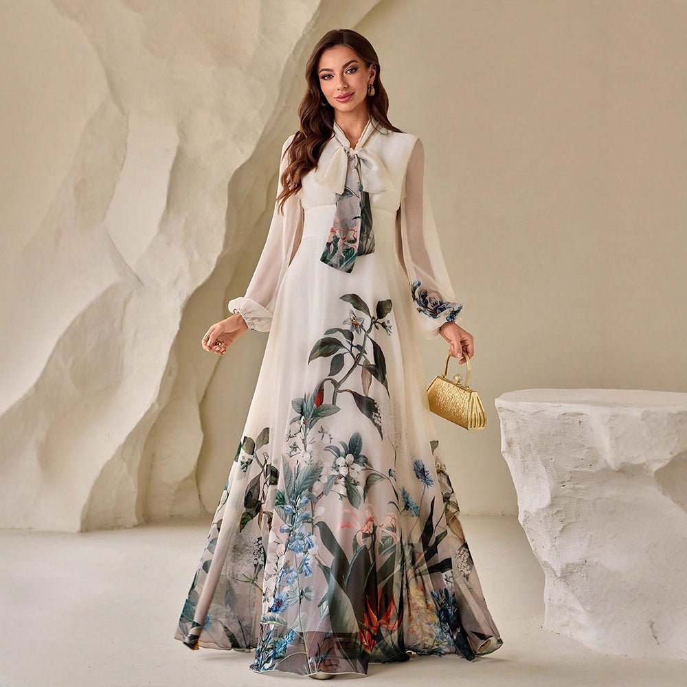 Botanical Print Maxi Dress with Tie Neck(MS369) - Mariam's Collection