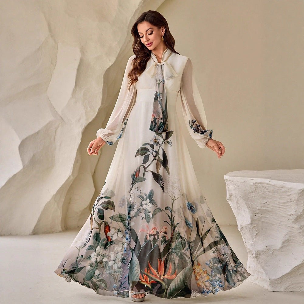 Botanical Print Maxi Dress with Tie Neck(MS369) - Mariam's Collection