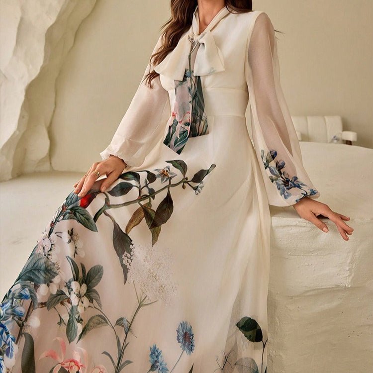 Botanical Print Maxi Dress with Tie Neck(MS369) - Mariam's Collection