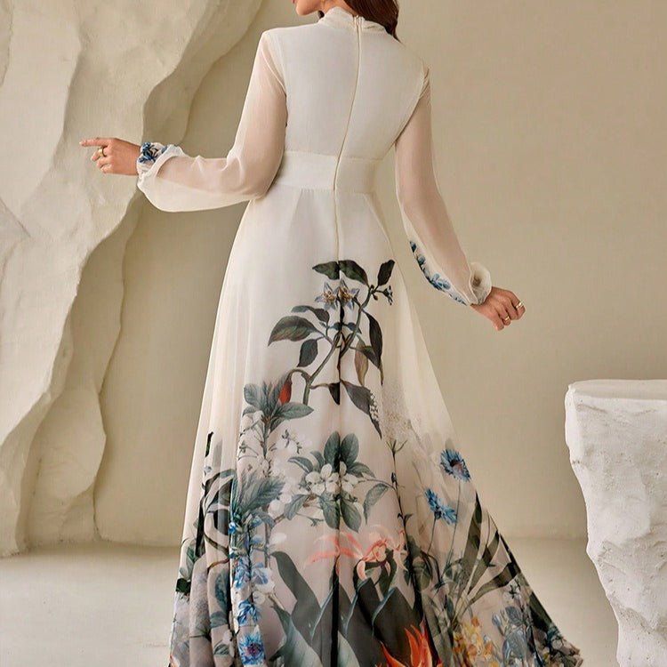 Botanical Print Maxi Dress with Tie Neck(MS369) - Mariam's Collection