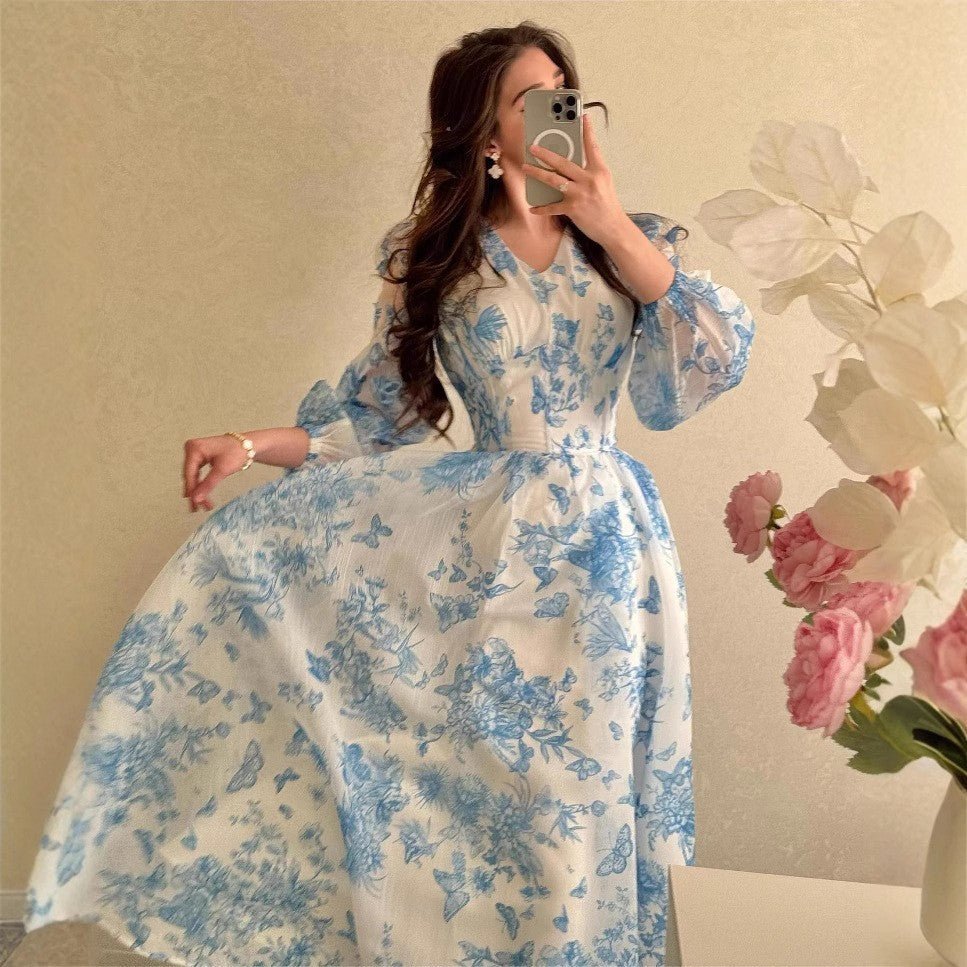 Botanical Print Maxi Dress Chinoiserie Floral Modest Gown Blue / XXL Botanical Print Maxi Dress Chinoiserie Floral Modest Gown Blue / XXL