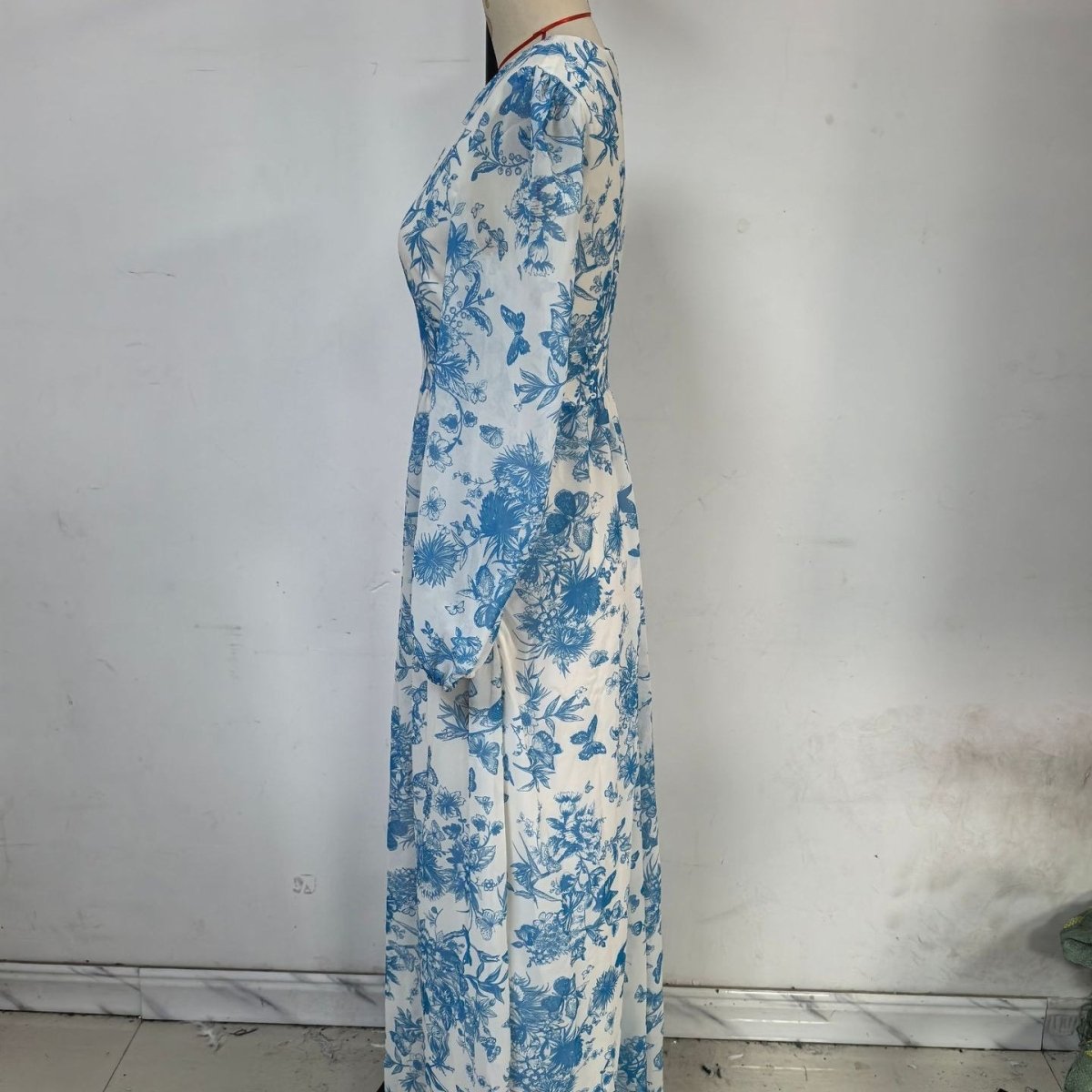 Botanical Print Maxi Dress Chinoiserie Floral Modest Gown Blue / XXL Botanical Print Maxi Dress Chinoiserie Floral Modest Gown Blue / XXL