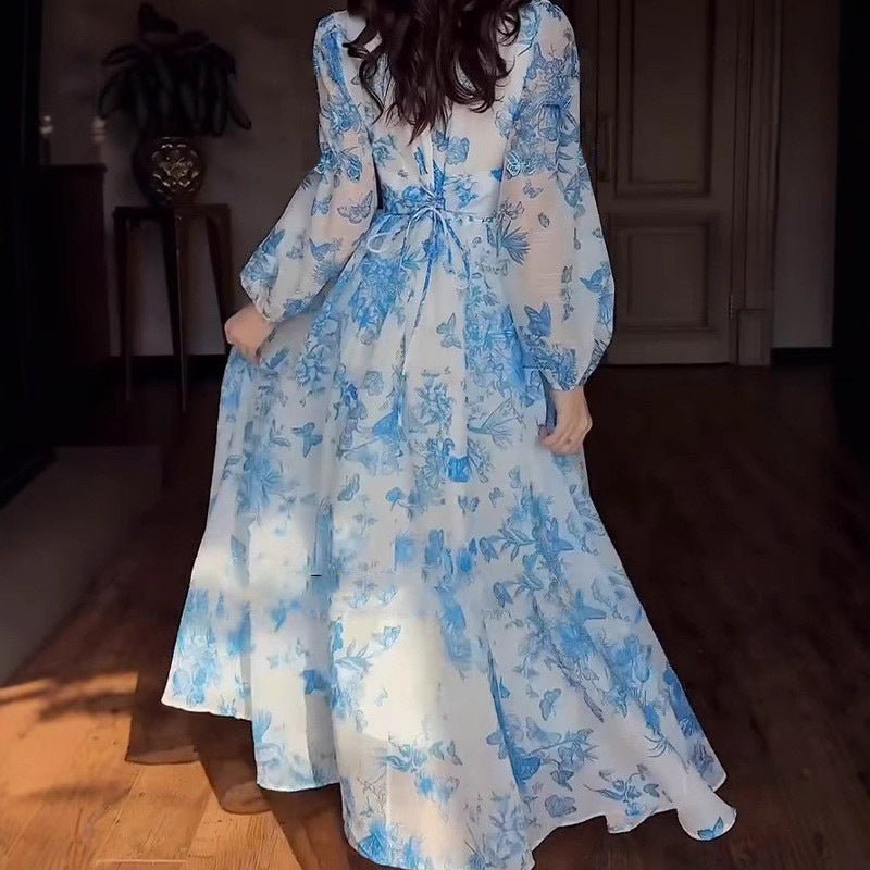 Botanical Print Maxi Dress Chinoiserie Floral Modest Gown Blue / M Botanical Print Maxi Dress Chinoiserie Floral Modest Gown Blue / M