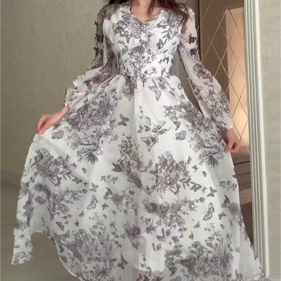 Botanical Print Maxi Dress Chinoiserie Floral Modest Gown Grey / XXL Botanical Print Maxi Dress Chinoiserie Floral Modest Gown Grey / XXL