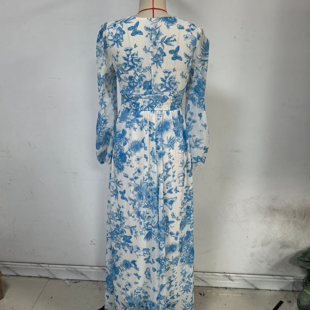 Botanical Print Maxi Dress Chinoiserie Floral Modest Gown Blue / XXL Botanical Print Maxi Dress Chinoiserie Floral Modest Gown Blue / XXL