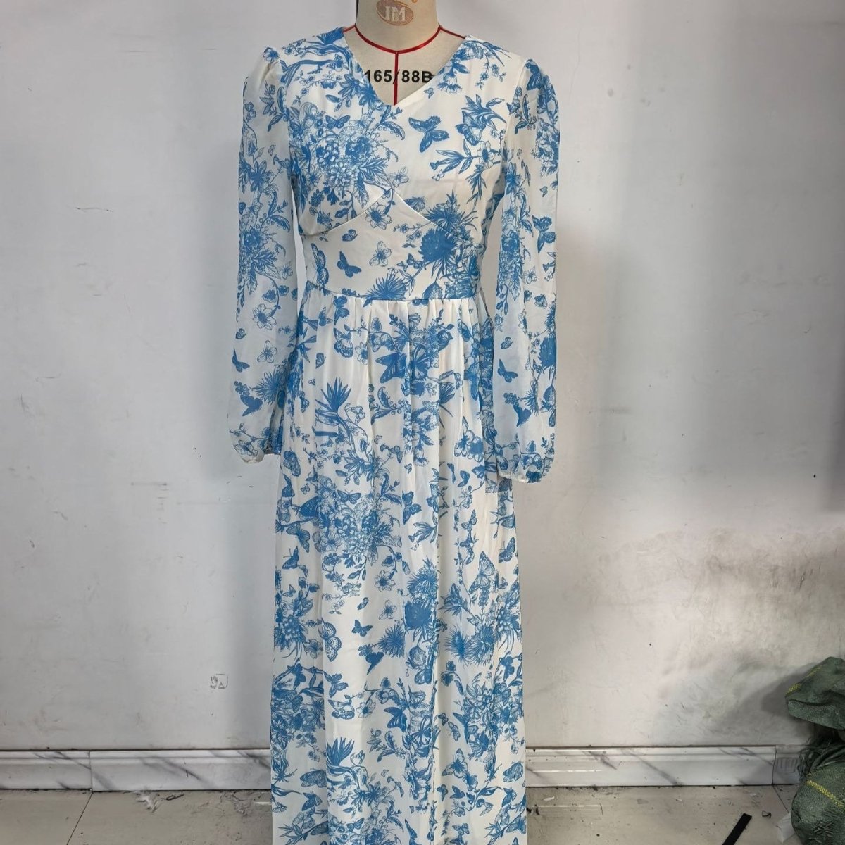 Botanical Print Maxi Dress Chinoiserie Floral Modest Gown Blue / XXL Botanical Print Maxi Dress Chinoiserie Floral Modest Gown Blue / XXL