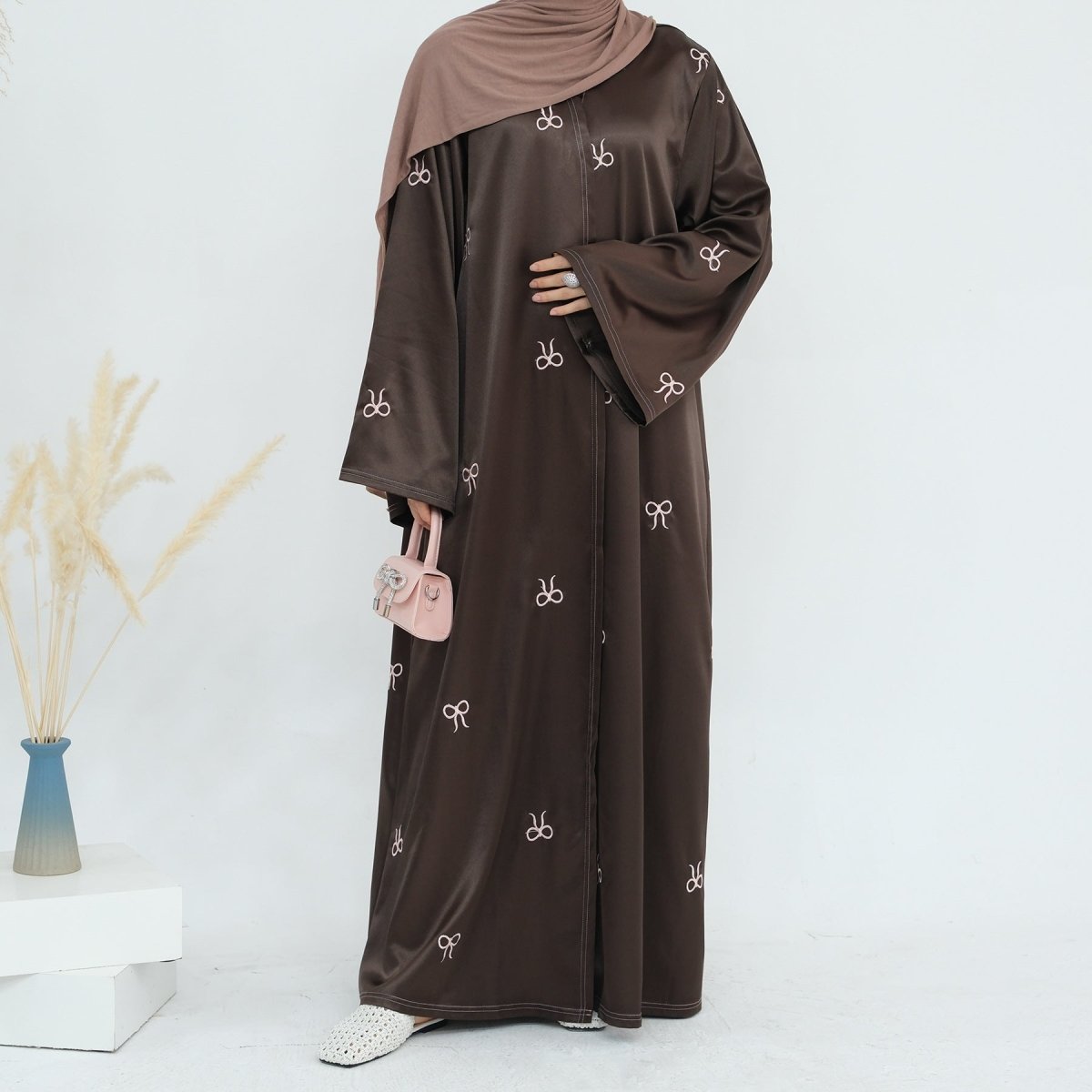 Bow Embroidered Glossy Open Abaya (MOA102) - Mariam's Collection