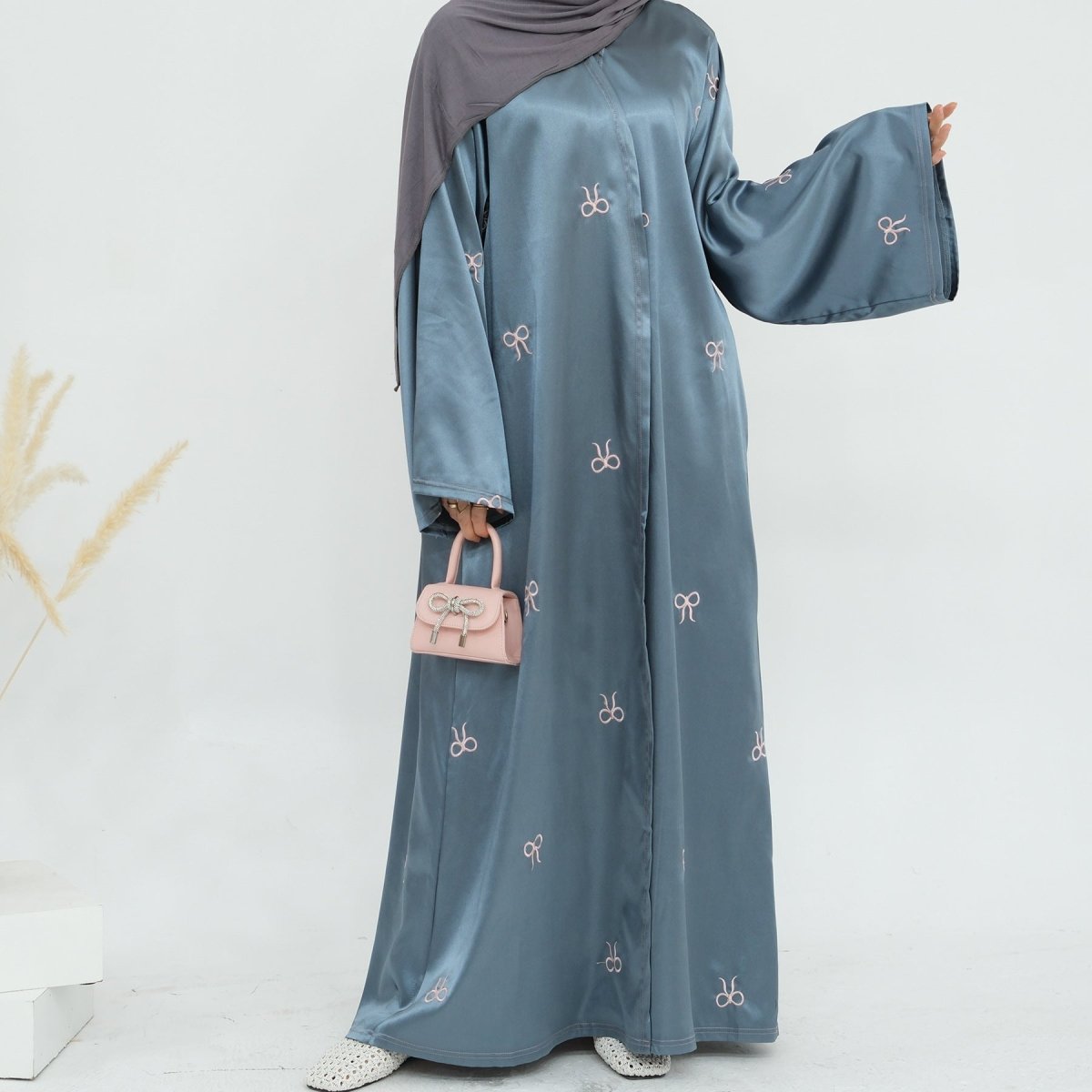 Bow Embroidered Glossy Open Abaya (MOA102) - Mariam's Collection