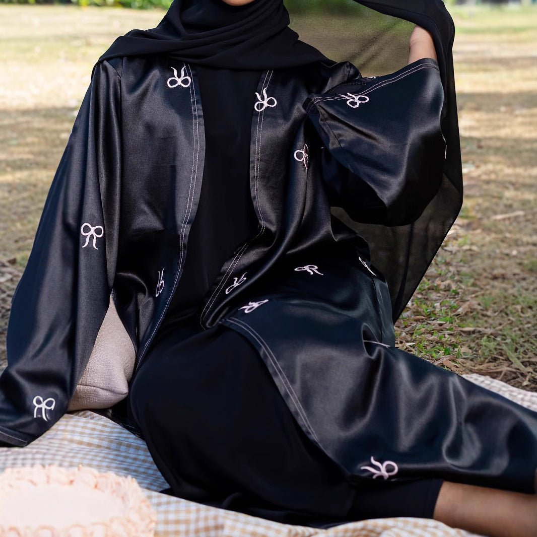 Bow Embroidered Glossy Open Abaya (MOA102) - Mariam's Collection