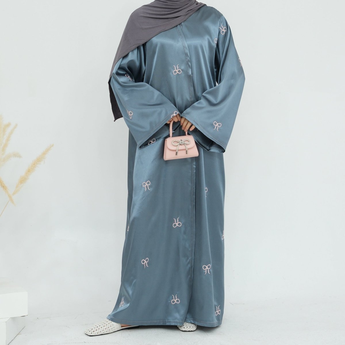 Bow Embroidered Glossy Open Abaya (MOA102) - Mariam's Collection