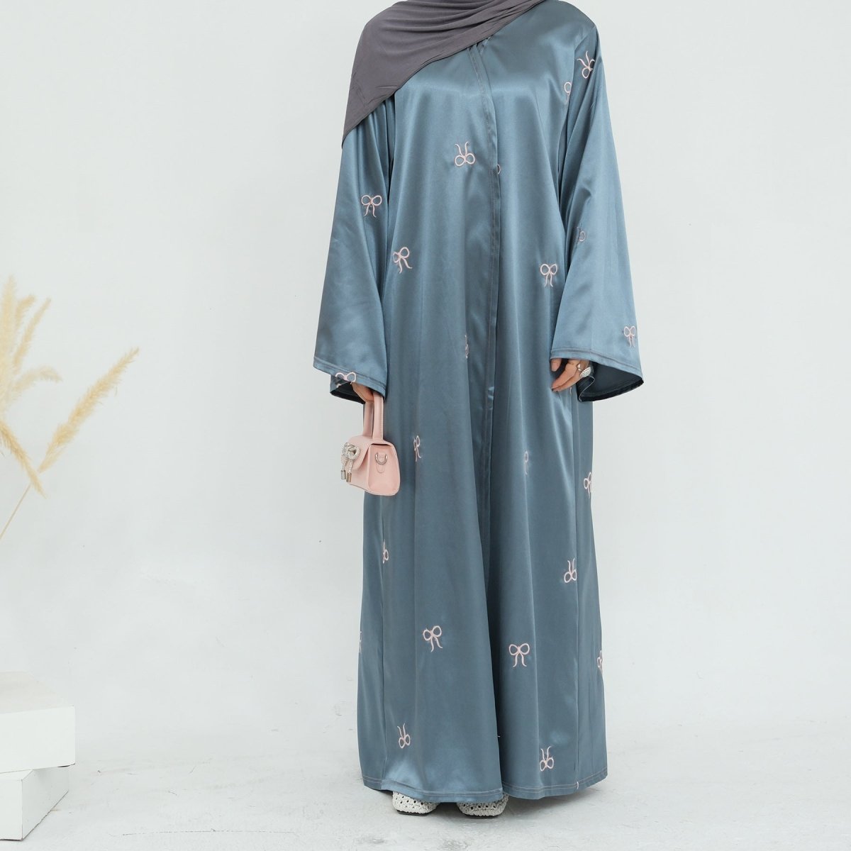 Bow Embroidered Glossy Open Abaya (MOA102) - Mariam's Collection