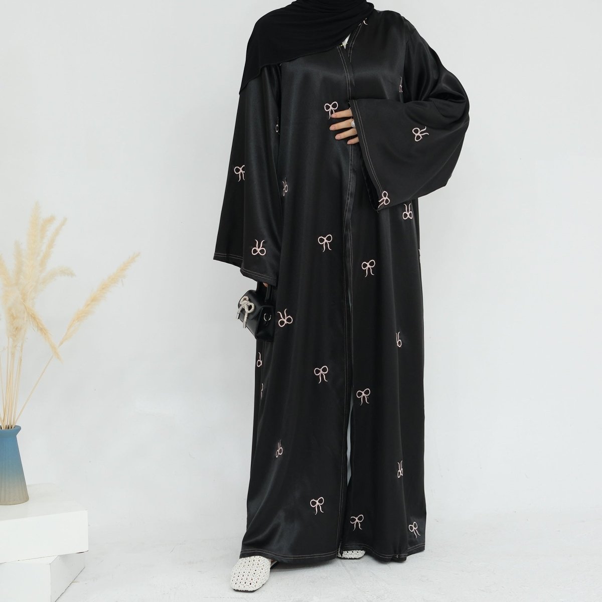 Bow Embroidered Glossy Open Abaya (MOA102) - Mariam's Collection