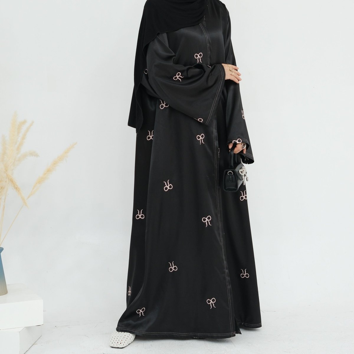 Bow Embroidered Glossy Open Abaya (MOA102) - Mariam's Collection