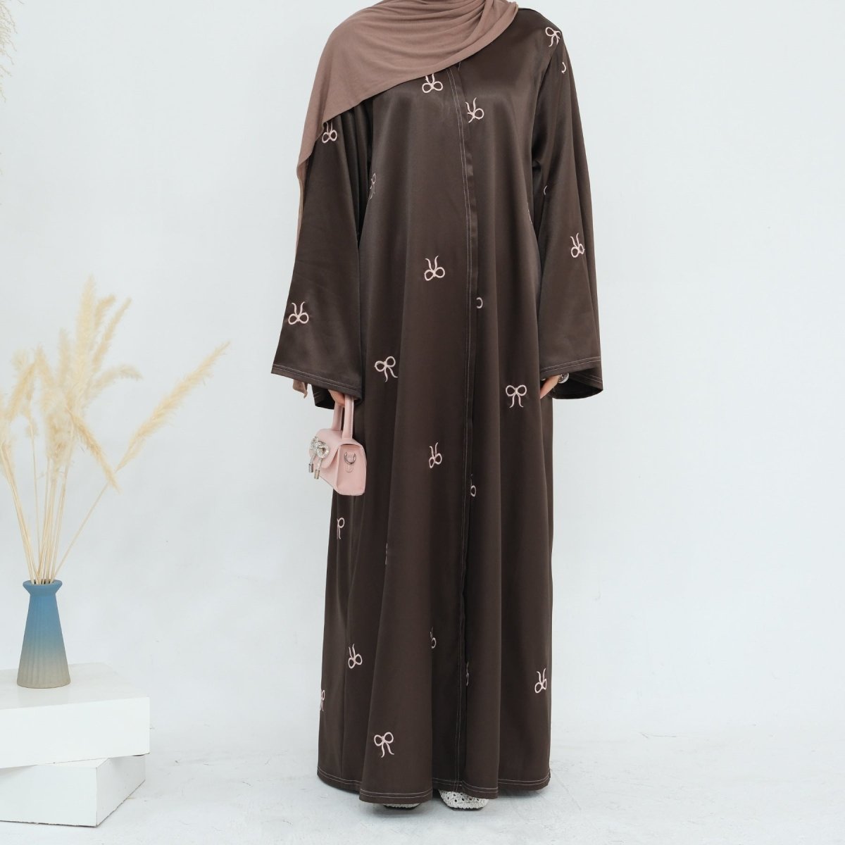 Bow Embroidered Glossy Open Abaya (MOA102) - Mariam's Collection