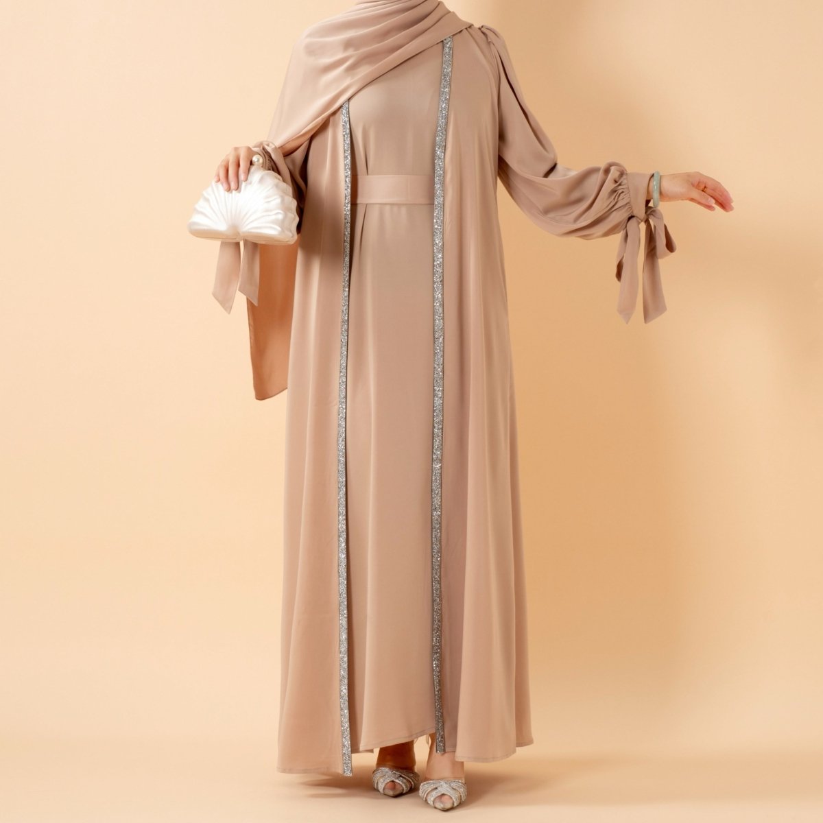 Bow Tie Sleeve Abaya Set With Long-sleeve Inner Dress Brown / S