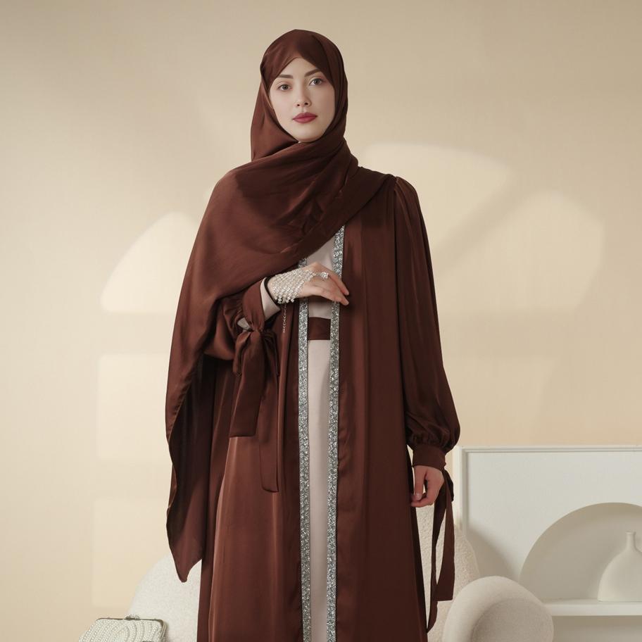 Bow Tie Sleeve Abaya Set With Long - sleeve Inner Dress (MOA026) - Mariam's Collection