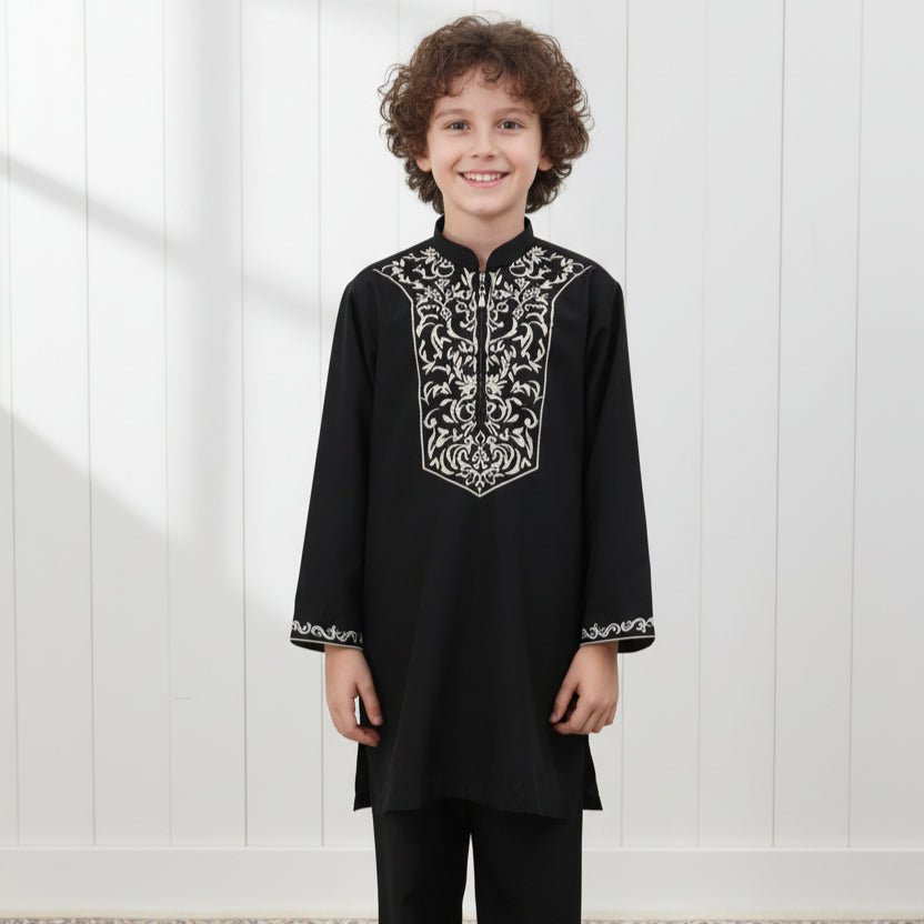 Boys Black Embroidered Tunic & Pants Set (MKB021) - Mariam's Collection