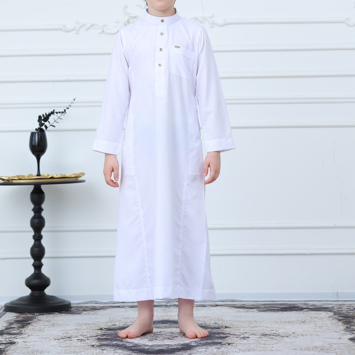 Boys' Classic White Thobe with Stand Collar(MKB027) - Mariam's Collection