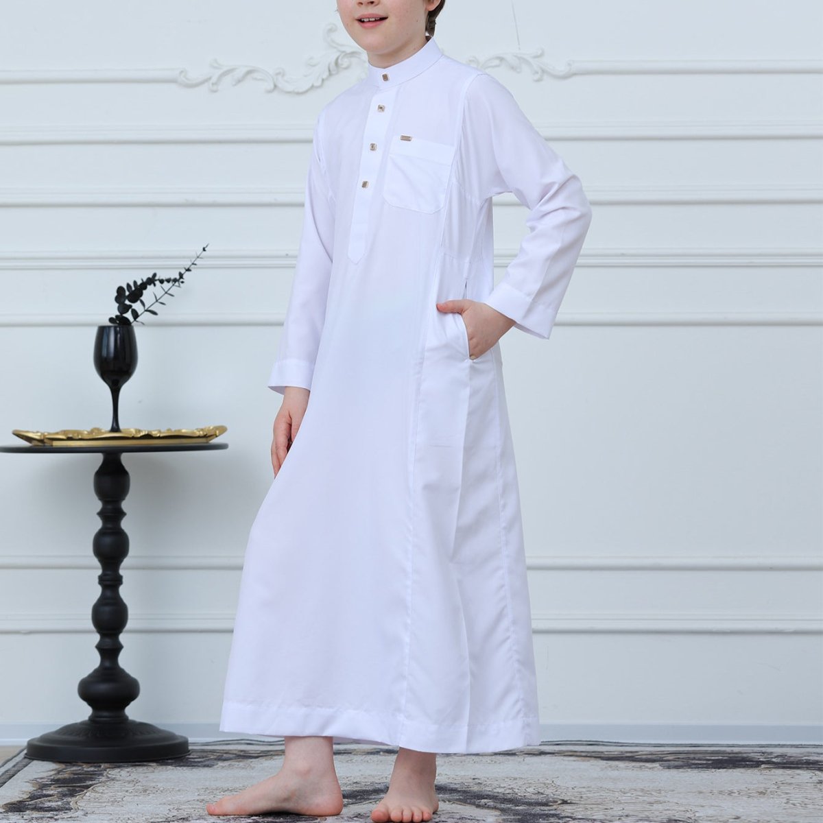 Boys' Classic White Thobe with Stand Collar(MKB027) - Mariam's Collection