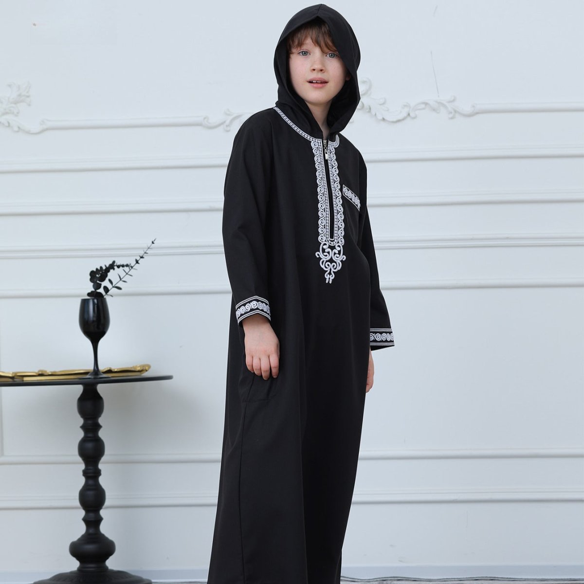 Boys Embroidered Hooded Thobe with Pockets(MKB010) - Mariam's Collection