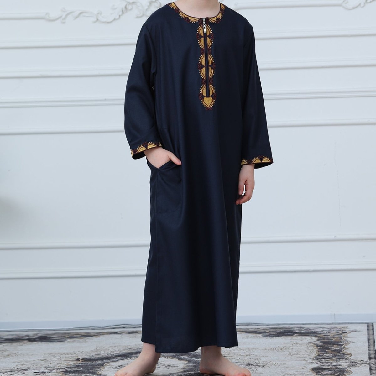Boys Embroidered Thobe with Gold Trim(MKB017) - Mariam's Collection