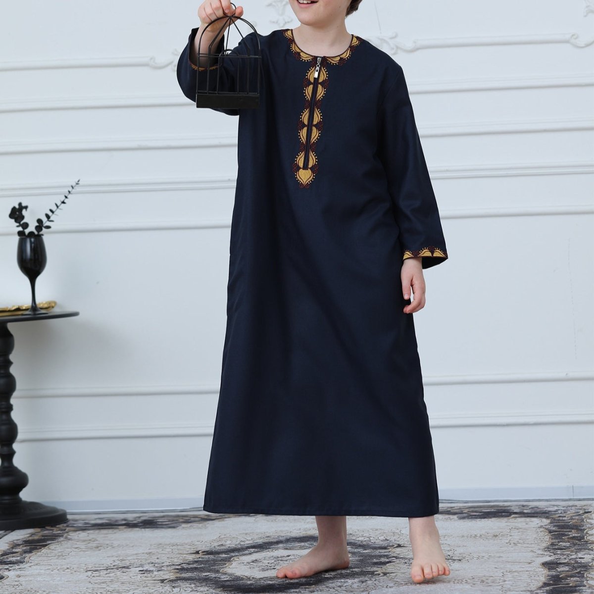 Boys Embroidered Thobe with Gold Trim(MKB017) - Mariam's Collection