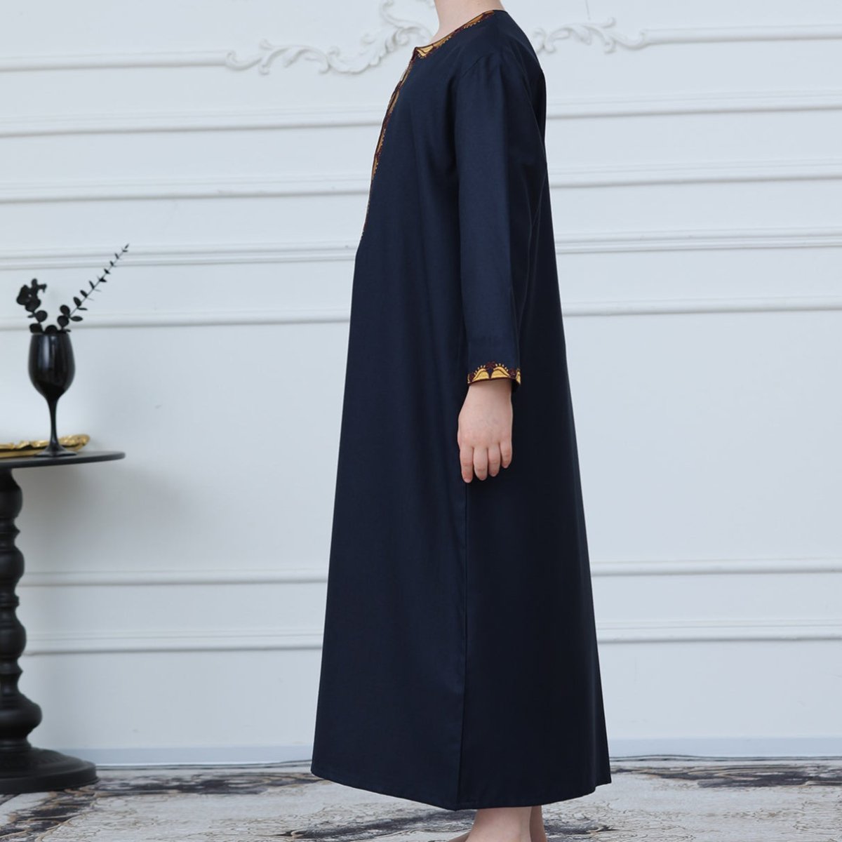 Boys Embroidered Thobe with Gold Trim(MKB017) - Mariam's Collection