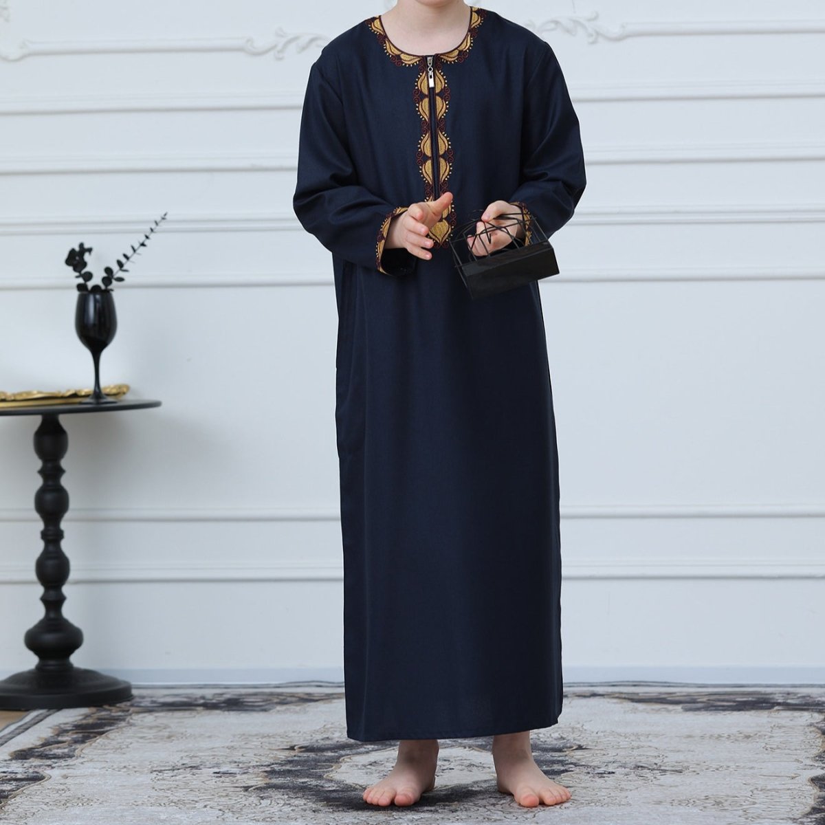 Boys Embroidered Thobe with Gold Trim(MKB017) - Mariam's Collection