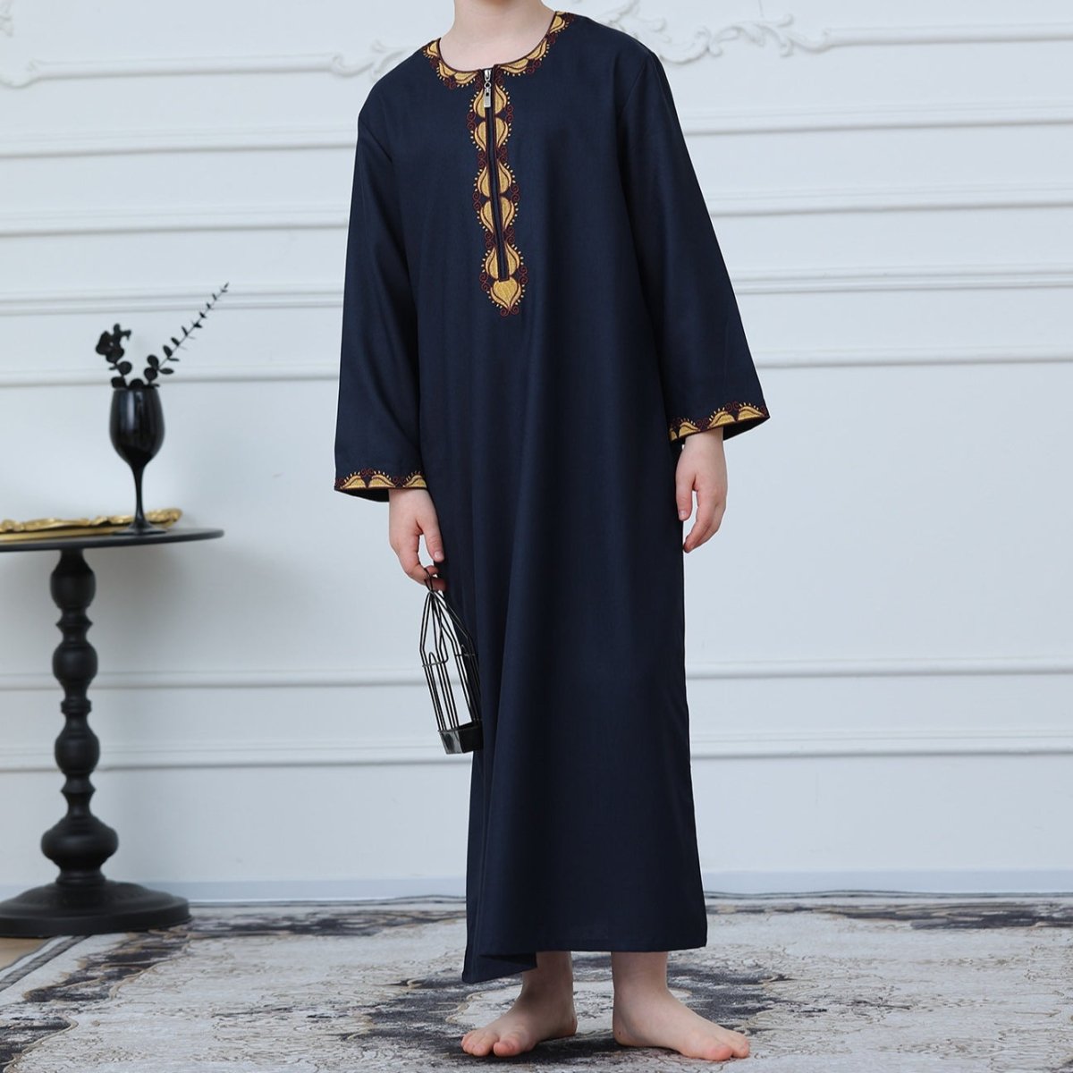 Boys Embroidered Thobe with Gold Trim(MKB017) - Mariam's Collection