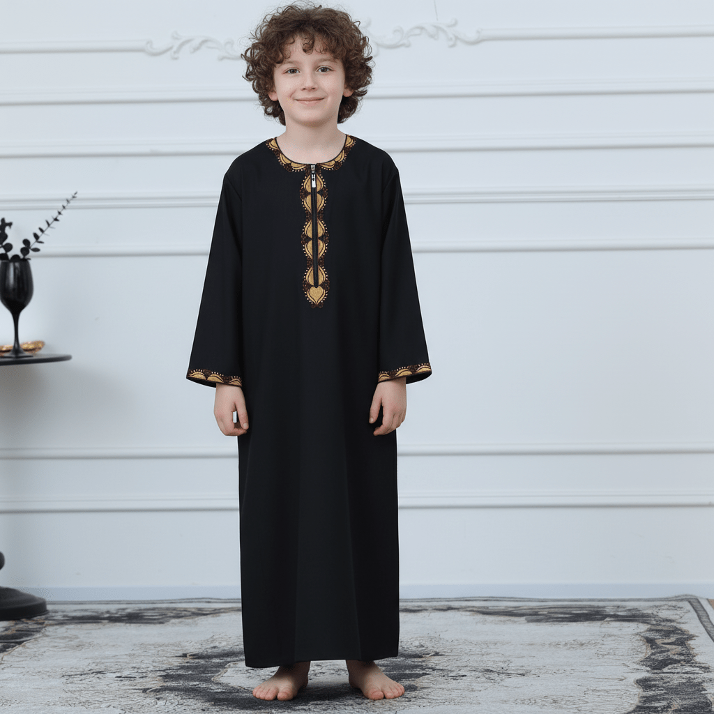 Boys Embroidered Thobe with Gold Trim(MKB017) - Mariam's Collection