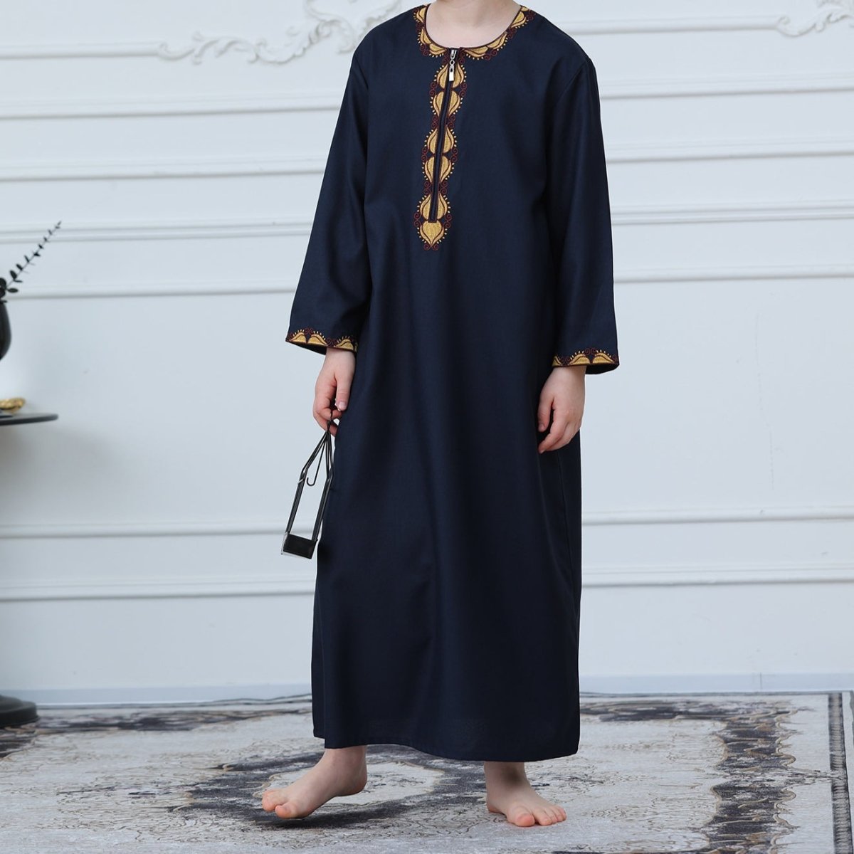 Boys Embroidered Thobe with Gold Trim(MKB017) - Mariam's Collection