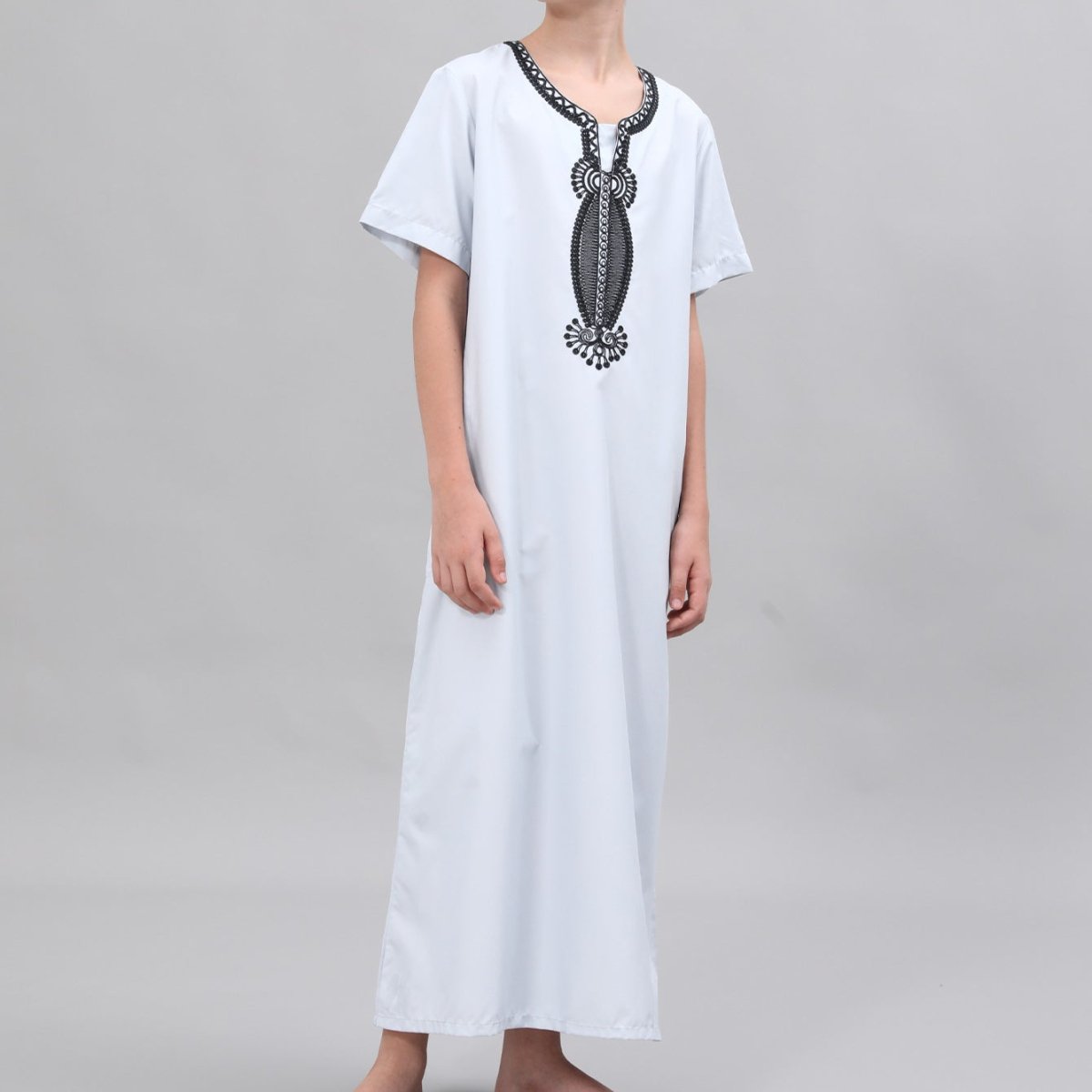 Boys' Embroidered Thobe with Ornate Neckline(MKB036) - Mariam's Collection