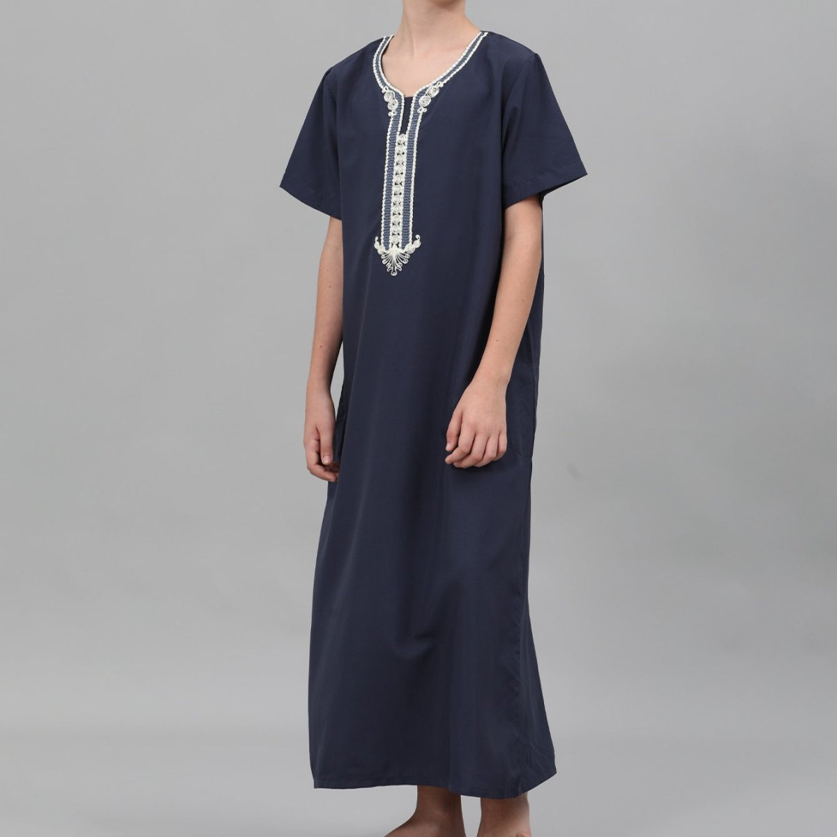 Boys' Embroidered Thobe with Ornate Neckline(MKB036) - Mariam's Collection