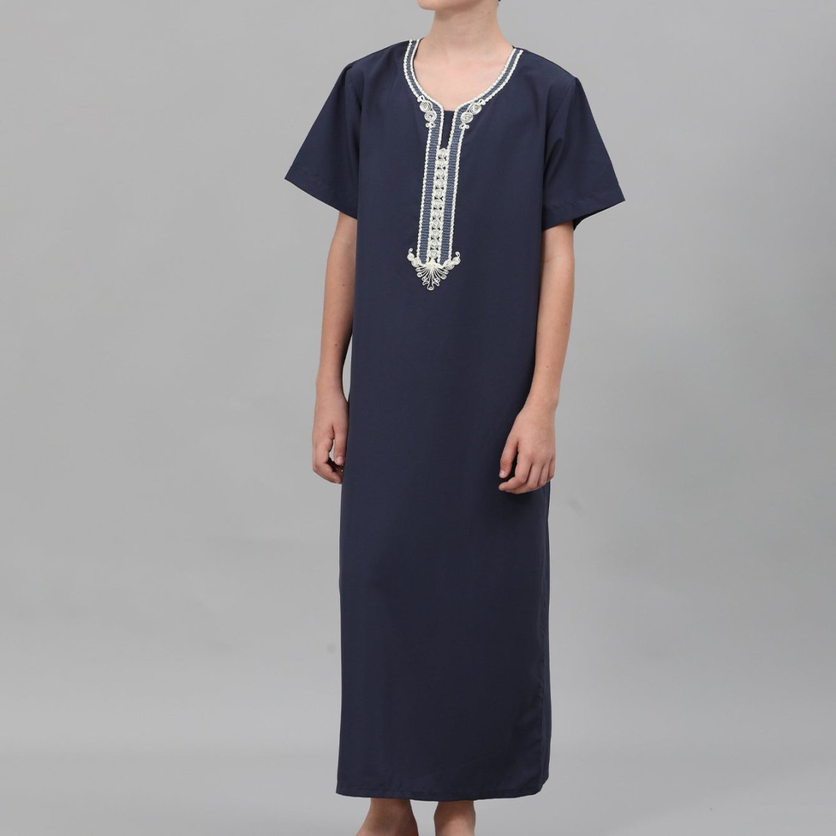 Boys' Embroidered Thobe with Ornate Neckline(MKB036) - Mariam's Collection