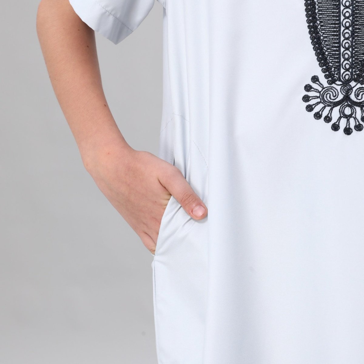 Boys' Embroidered Thobe with Ornate Neckline(MKB036) - Mariam's Collection