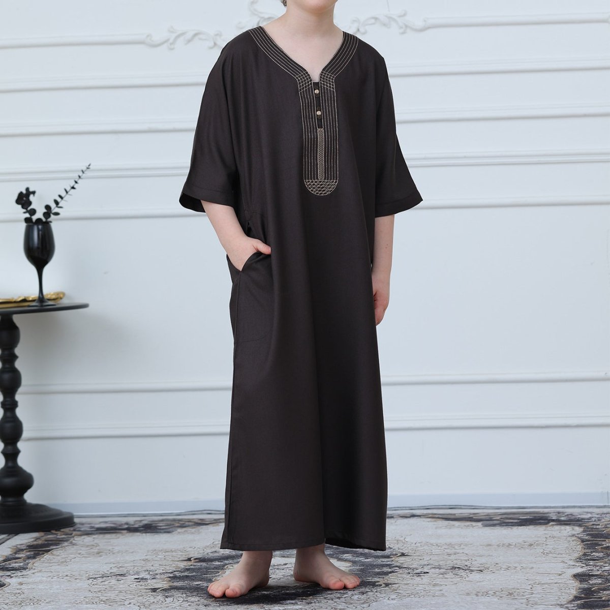 Boys' Embroidered Thobe with Pockets(MKB023) - Mariam's Collection