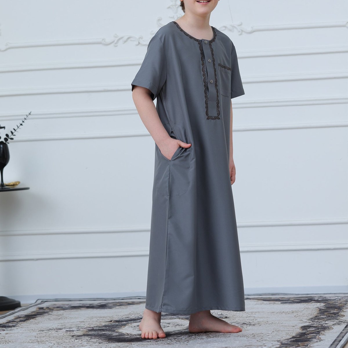 Boys' Embroidered Thobe with Side Pockets(MKB031) - Mariam's Collection