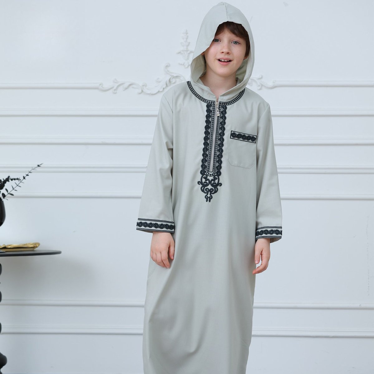 Boys' Hooded Embroidered Thobe with Pockets(MKB030) - Mariam's Collection