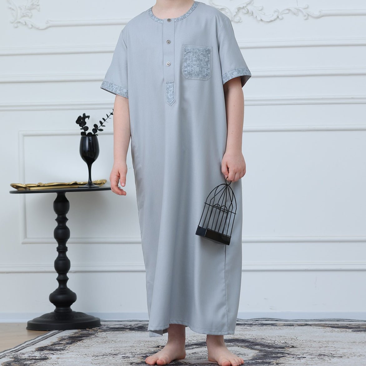 Boys Light Grey Short Sleeve Embroidered Thobe(MKB020) - Mariam's Collection