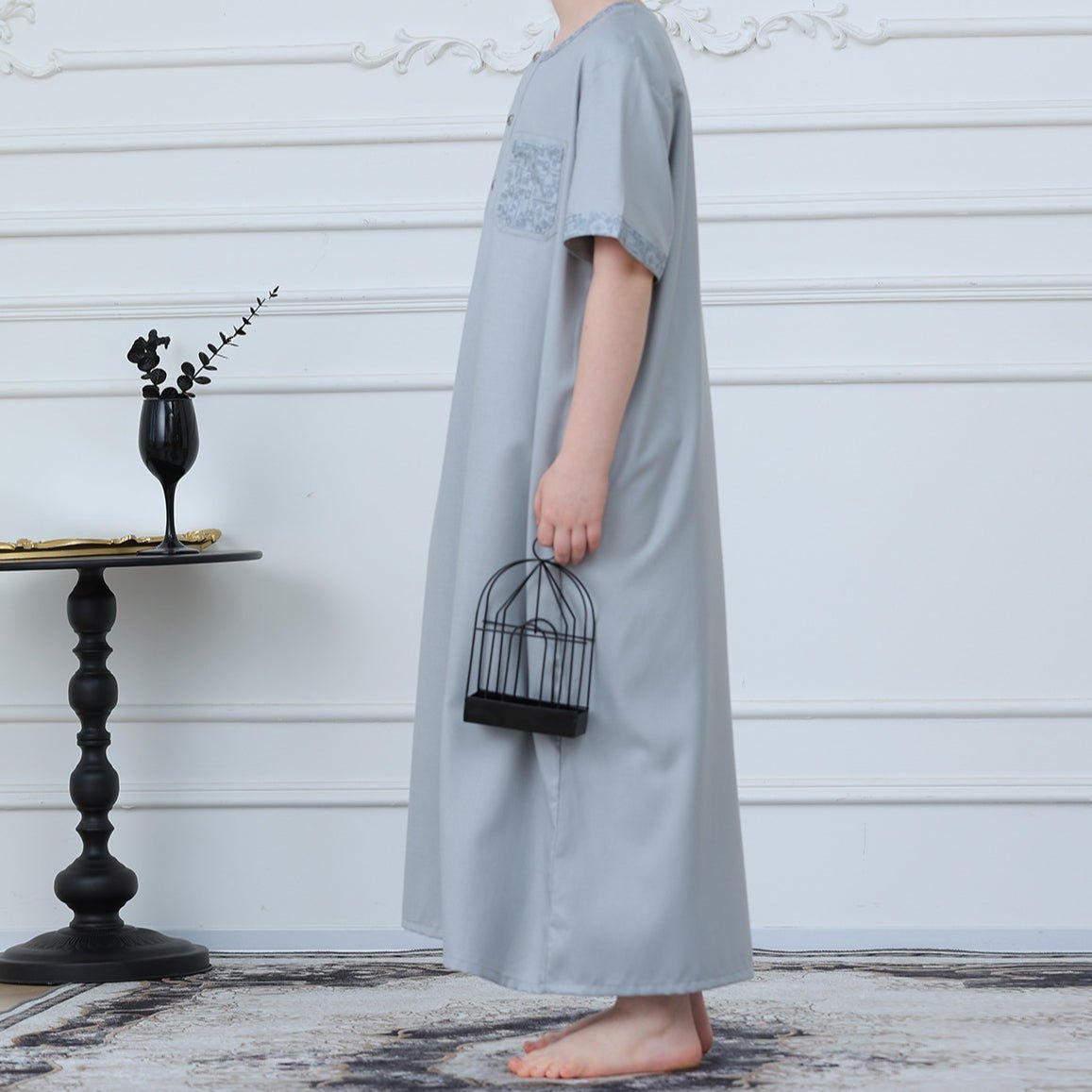 Boys Light Grey Short Sleeve Embroidered Thobe(MKB020) - Mariam's Collection