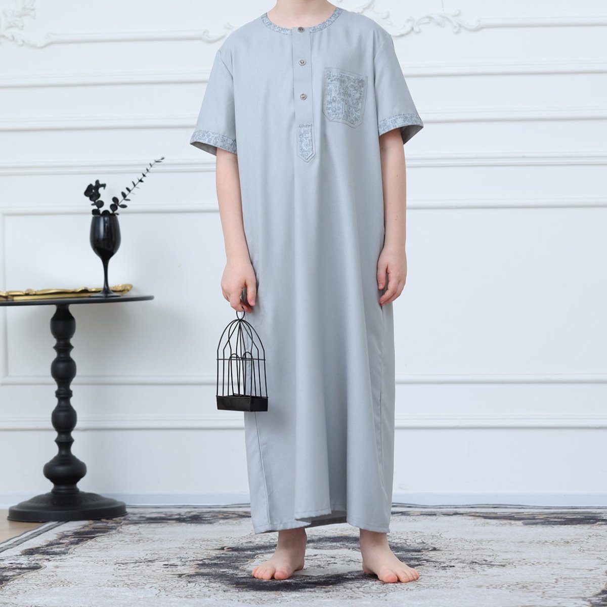 Boys Light Grey Short Sleeve Embroidered Thobe(MKB020) - Mariam's Collection