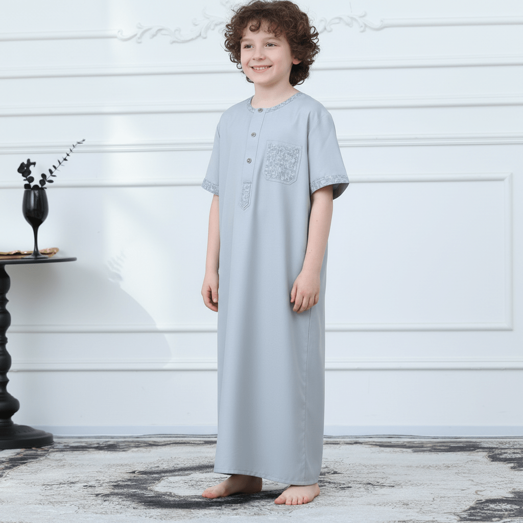Boys Light Grey Short Sleeve Embroidered Thobe(MKB020) - Mariam's Collection