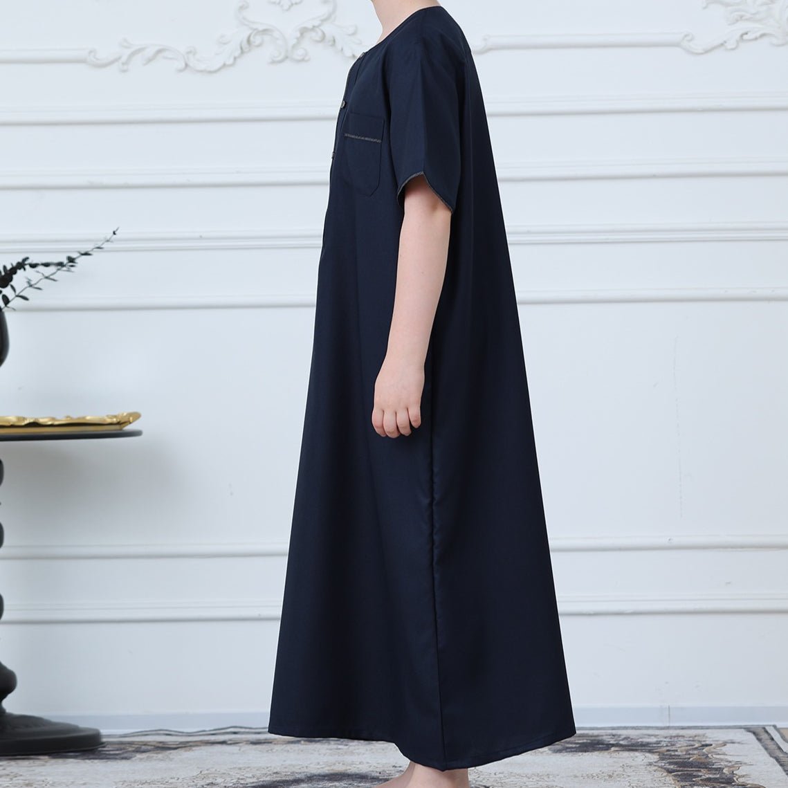 Boys Navy Short Sleeve Thobe with Chest Pocket (MKB022) - Mariam's Collection